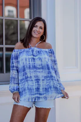 Blue Tie Dye Halter Neck Long Sleeve Blouse
