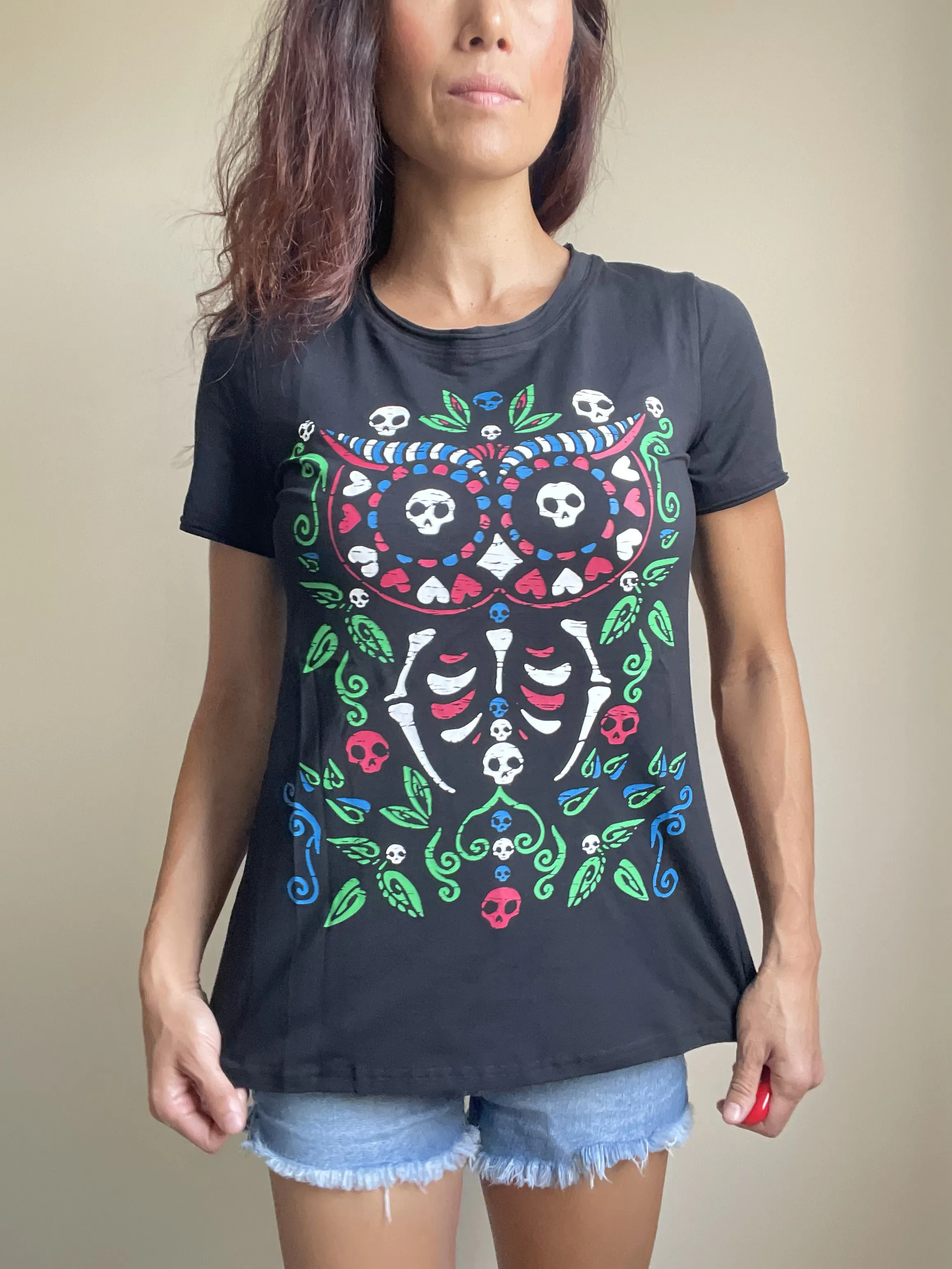 Day of the Dead Sugar Skull Owl Pink Polka Dot Lace & Bow back T-shirt