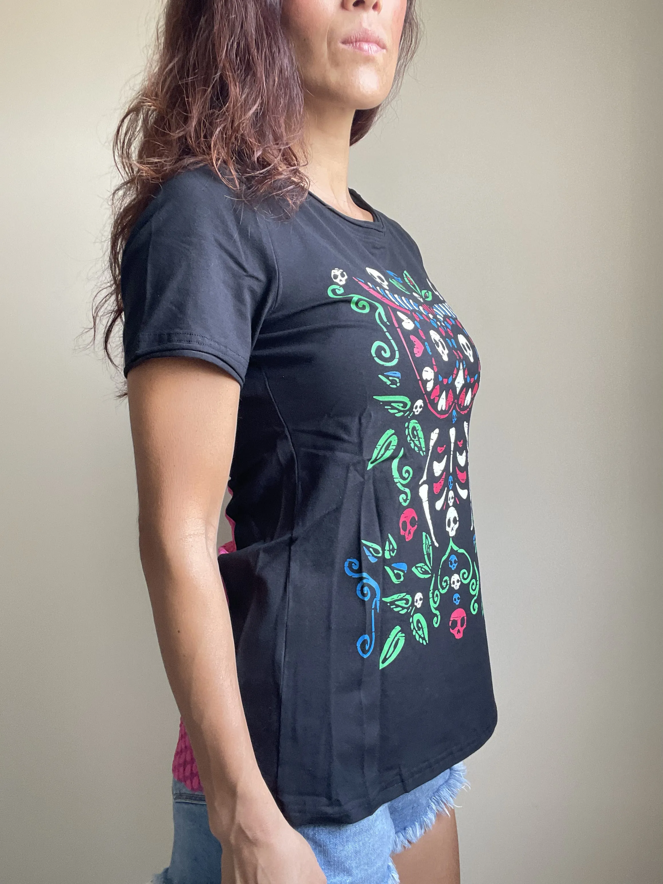 Day of the Dead Sugar Skull Owl Pink Polka Dot Lace & Bow back T-shirt