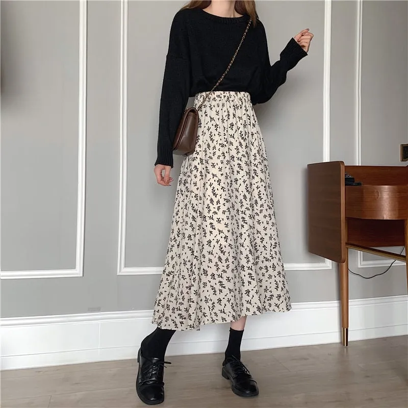 Floral Print A-line Pleated Long Skirts