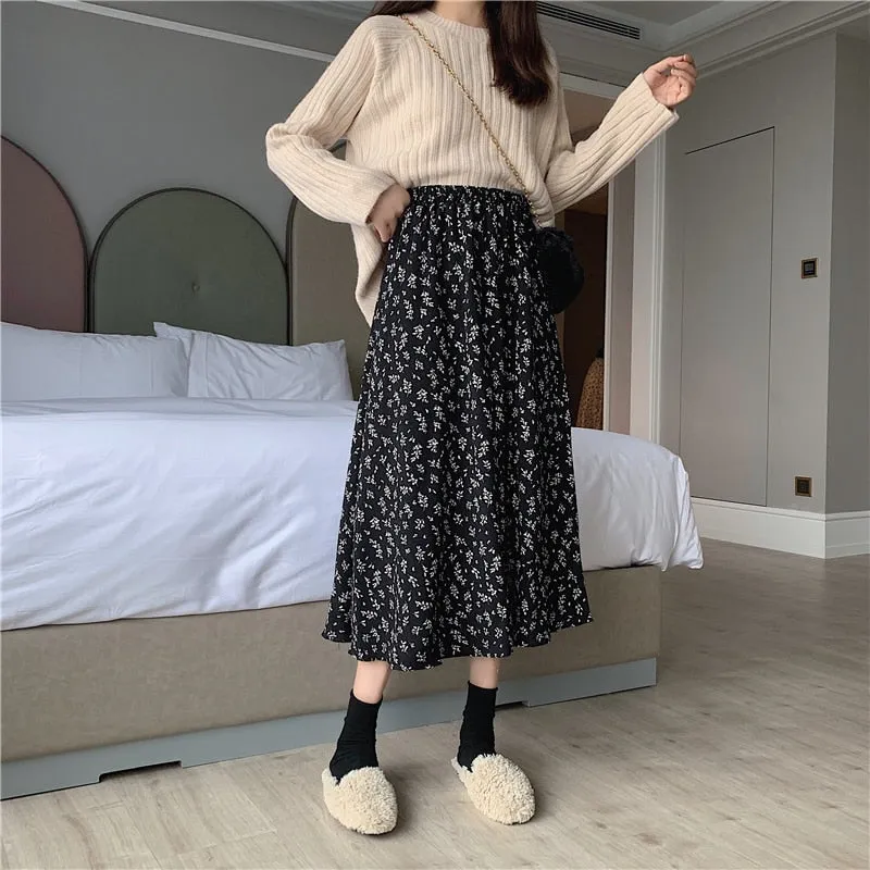 Floral Print A-line Pleated Long Skirts