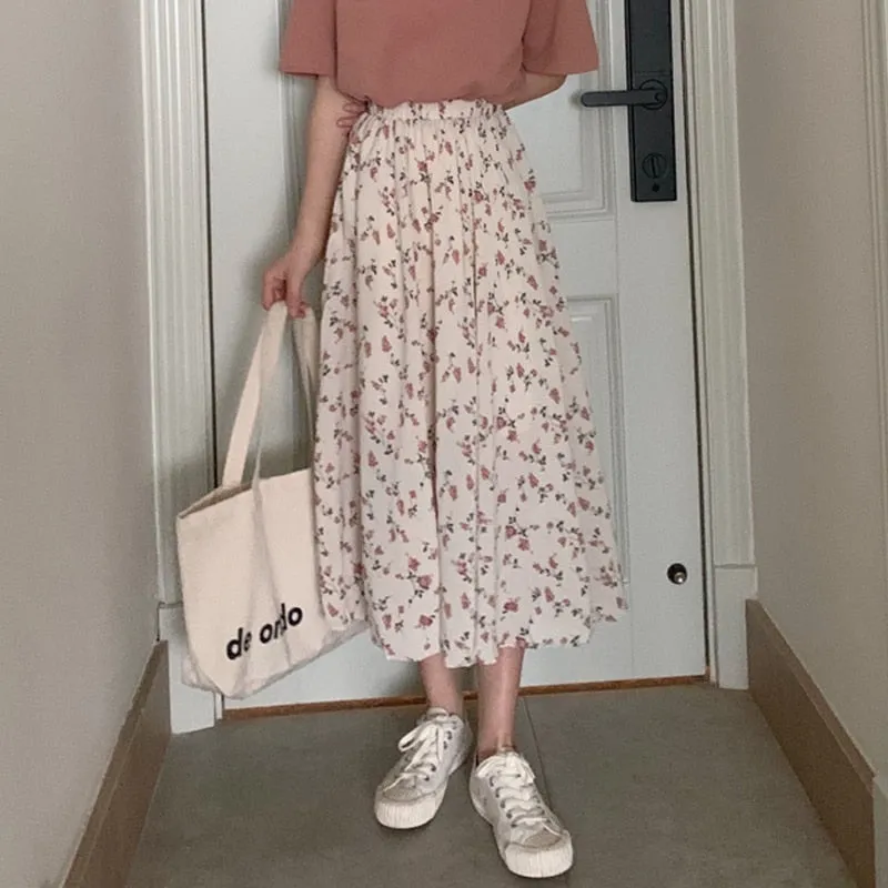 Floral Print A-line Pleated Long Skirts