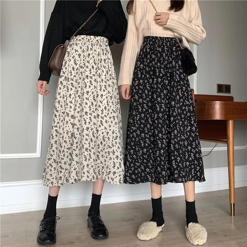 Floral Print A-line Pleated Long Skirts
