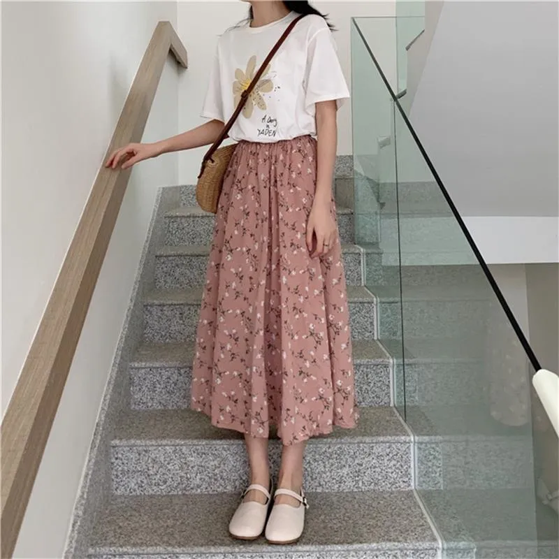 Floral Print A-line Pleated Long Skirts