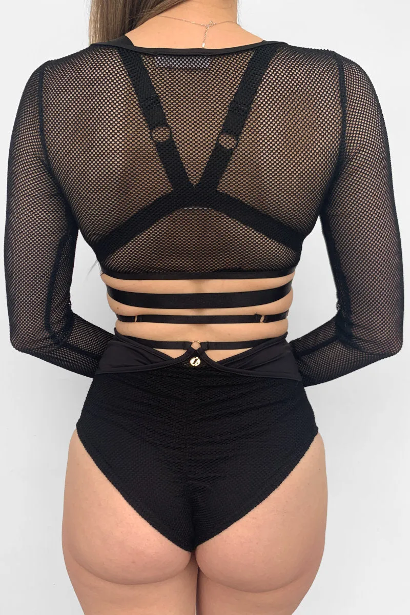 Lunalae Claire Cut Out High Waisted Bottoms - Recycled Black Mesh