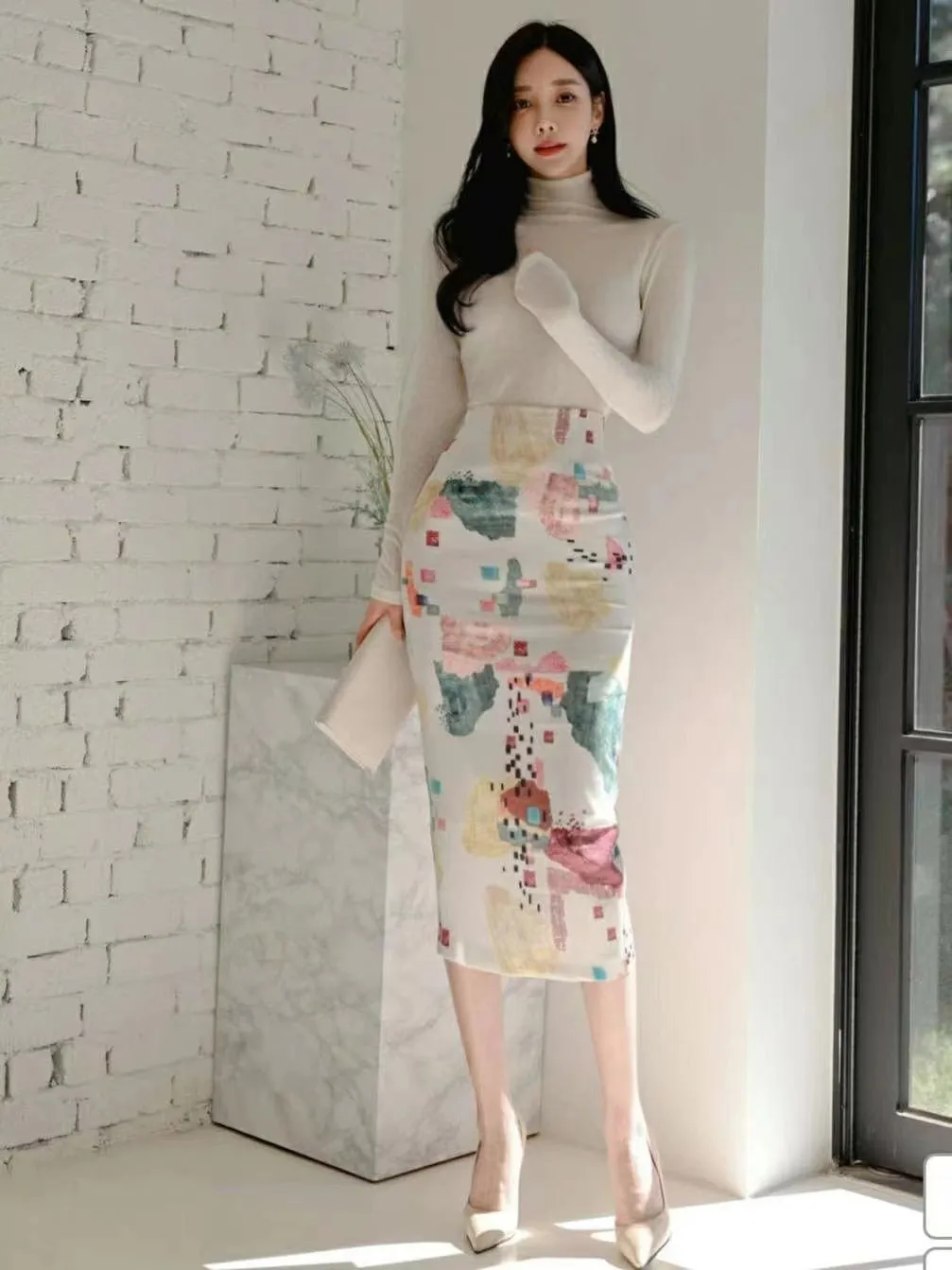 Multicolour Abstract High Waist Pencil Midi Dress
