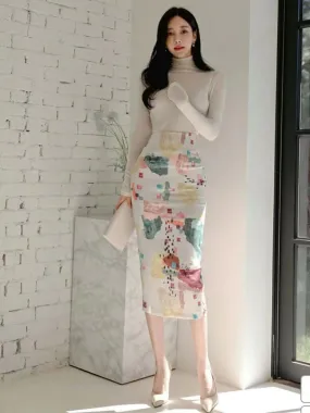 Multicolour Abstract High Waist Pencil Midi Dress