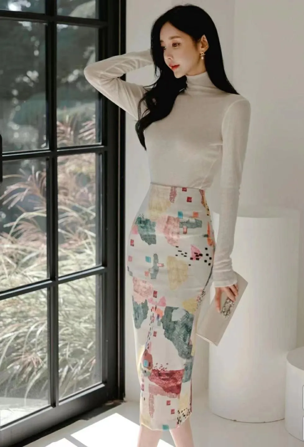 Multicolour Abstract High Waist Pencil Midi Dress