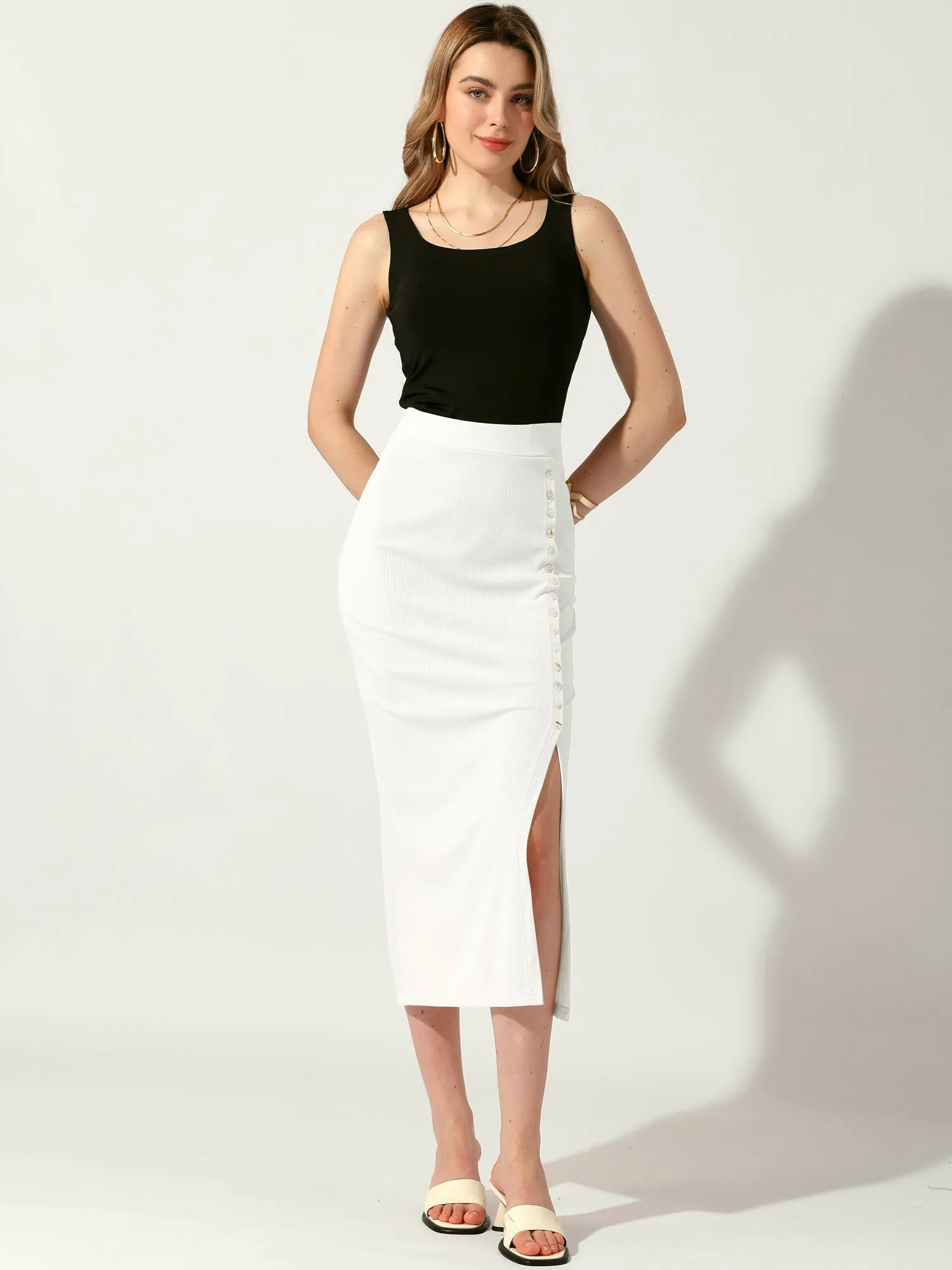 Pencil Basic Skirt Midi Casual Side Split Ribbed Knit Bodycon Skirts
