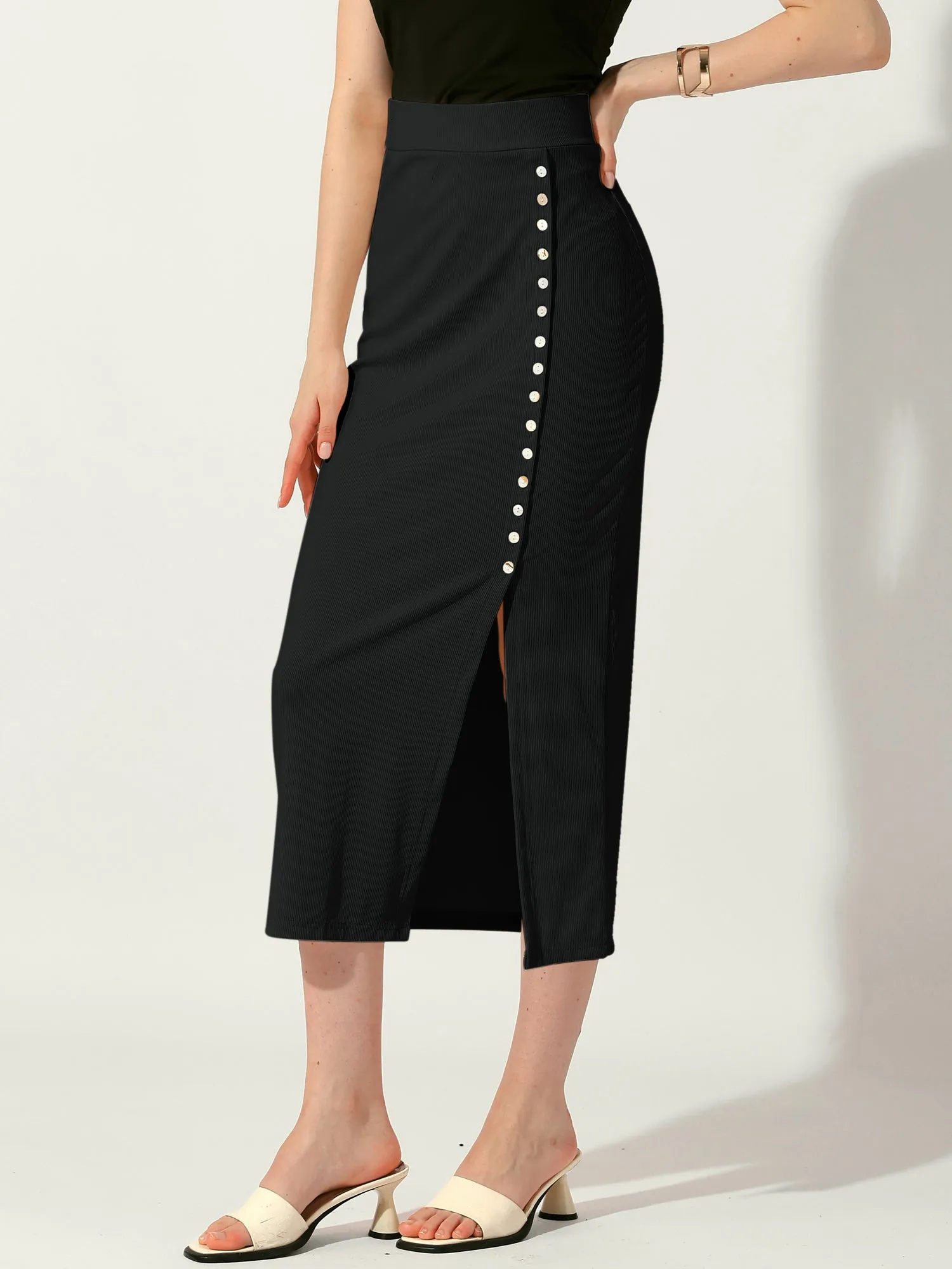 Pencil Basic Skirt Midi Casual Side Split Ribbed Knit Bodycon Skirts