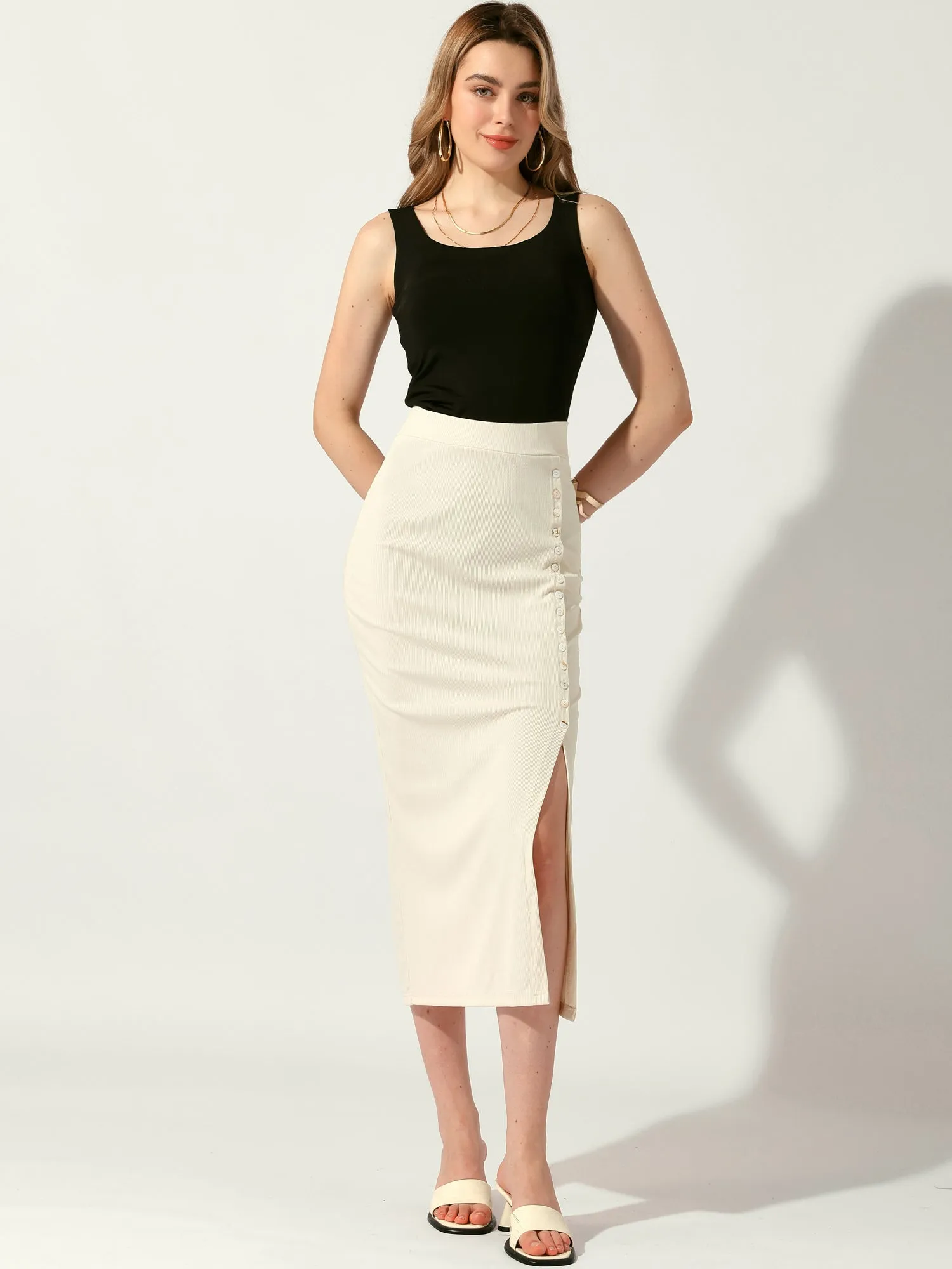 Pencil Basic Skirt Midi Casual Side Split Ribbed Knit Bodycon Skirts
