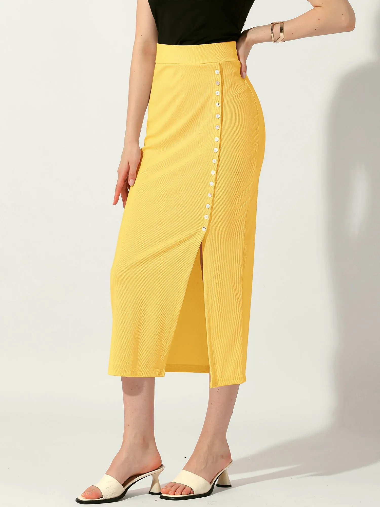 Pencil Basic Skirt Midi Casual Side Split Ribbed Knit Bodycon Skirts