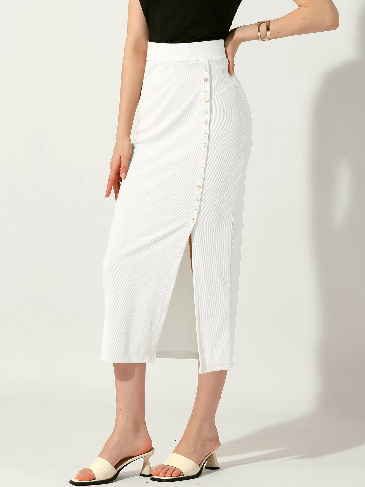 Pencil Basic Skirt Midi Casual Side Split Ribbed Knit Bodycon Skirts