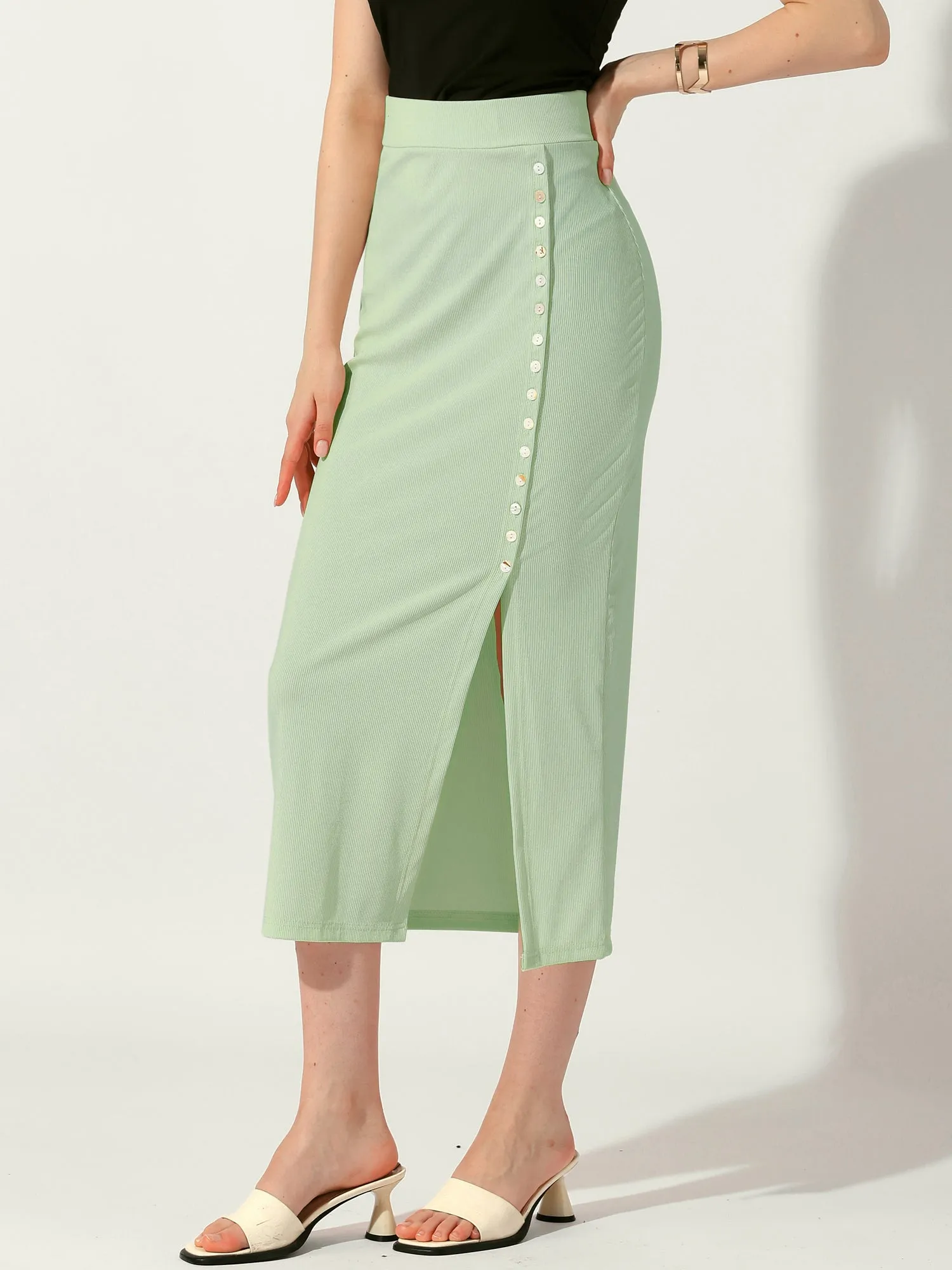 Pencil Basic Skirt Midi Casual Side Split Ribbed Knit Bodycon Skirts