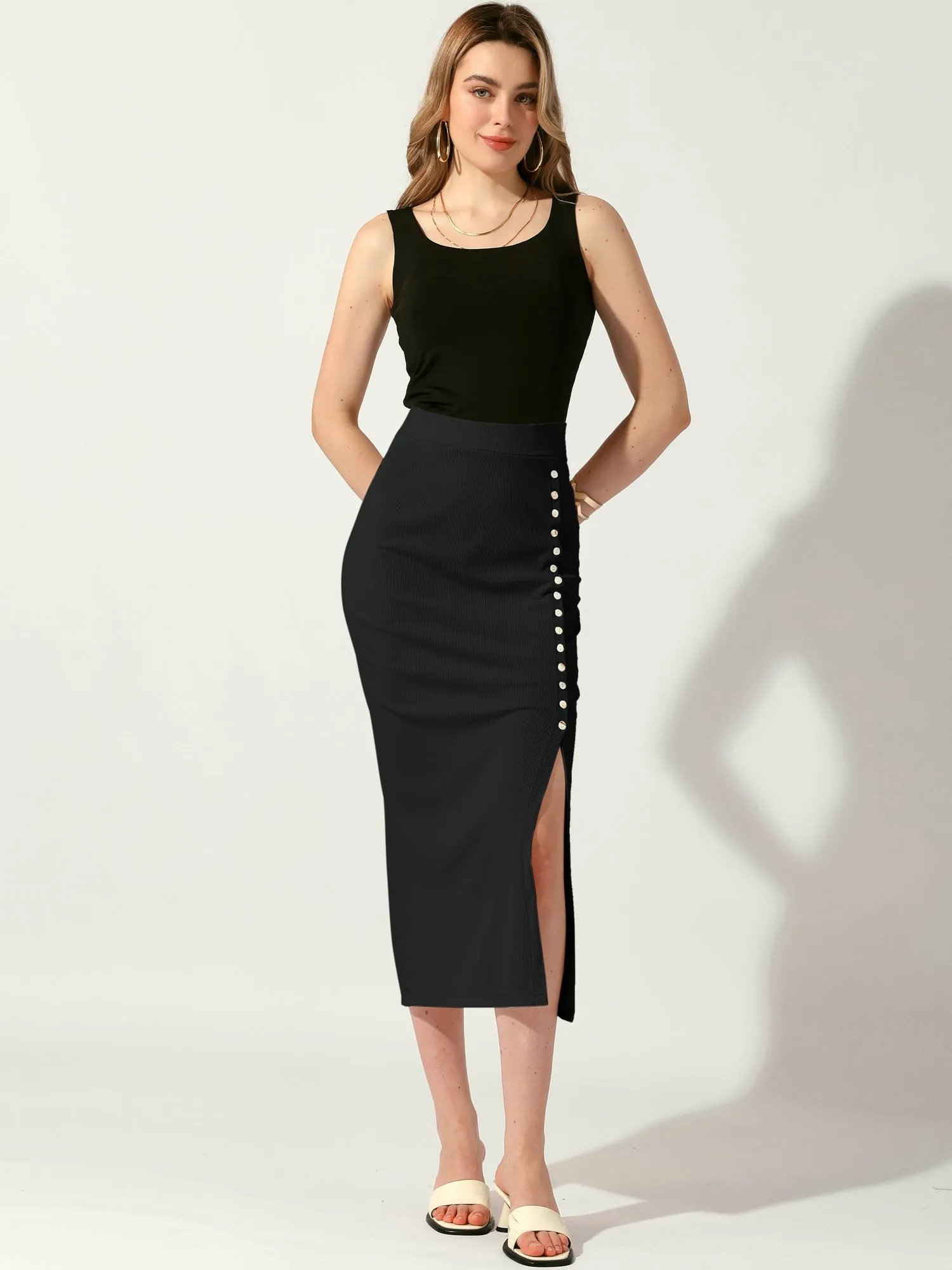 Pencil Basic Skirt Midi Casual Side Split Ribbed Knit Bodycon Skirts