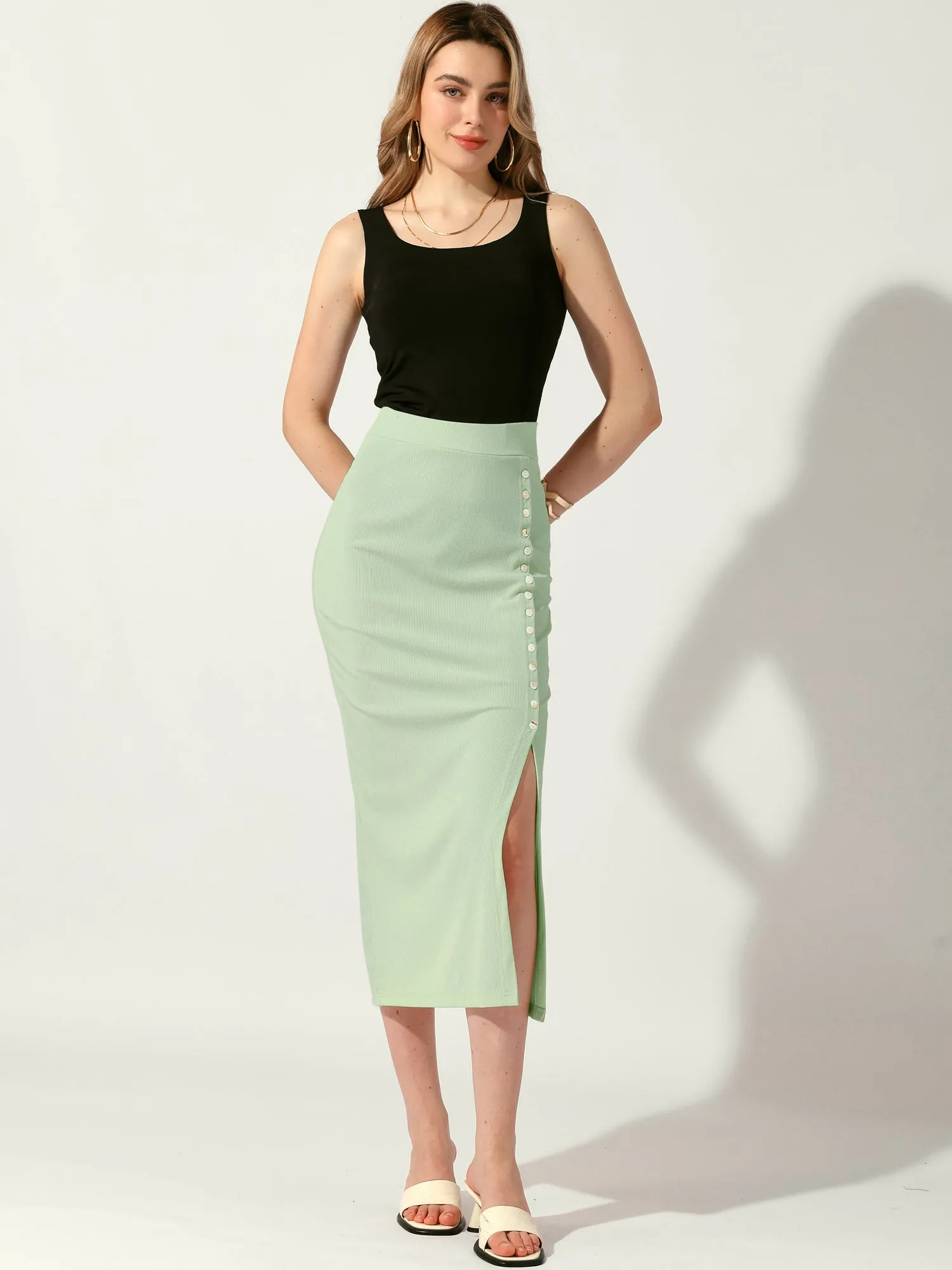 Pencil Basic Skirt Midi Casual Side Split Ribbed Knit Bodycon Skirts