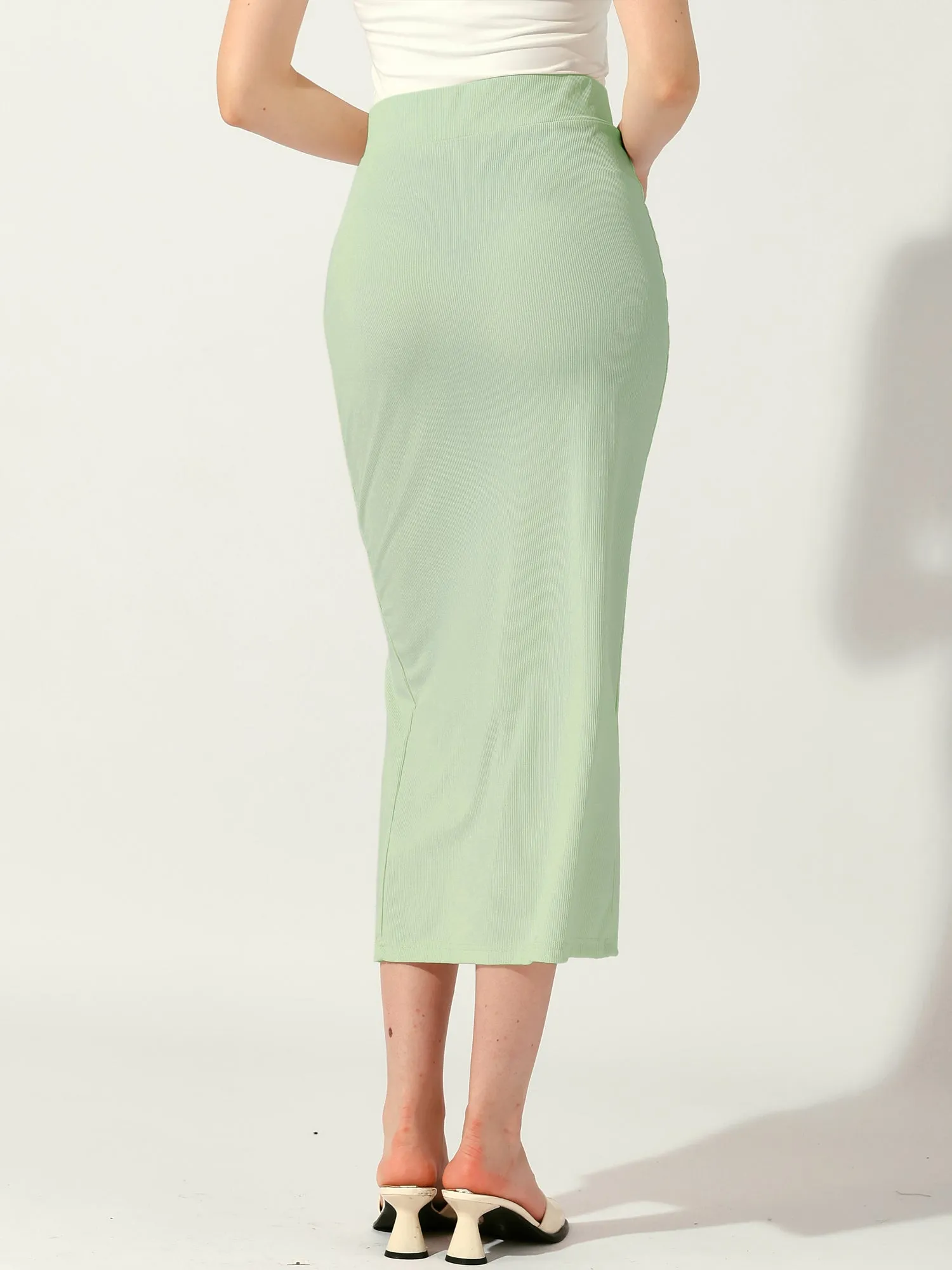 Pencil Basic Skirt Midi Casual Side Split Ribbed Knit Bodycon Skirts