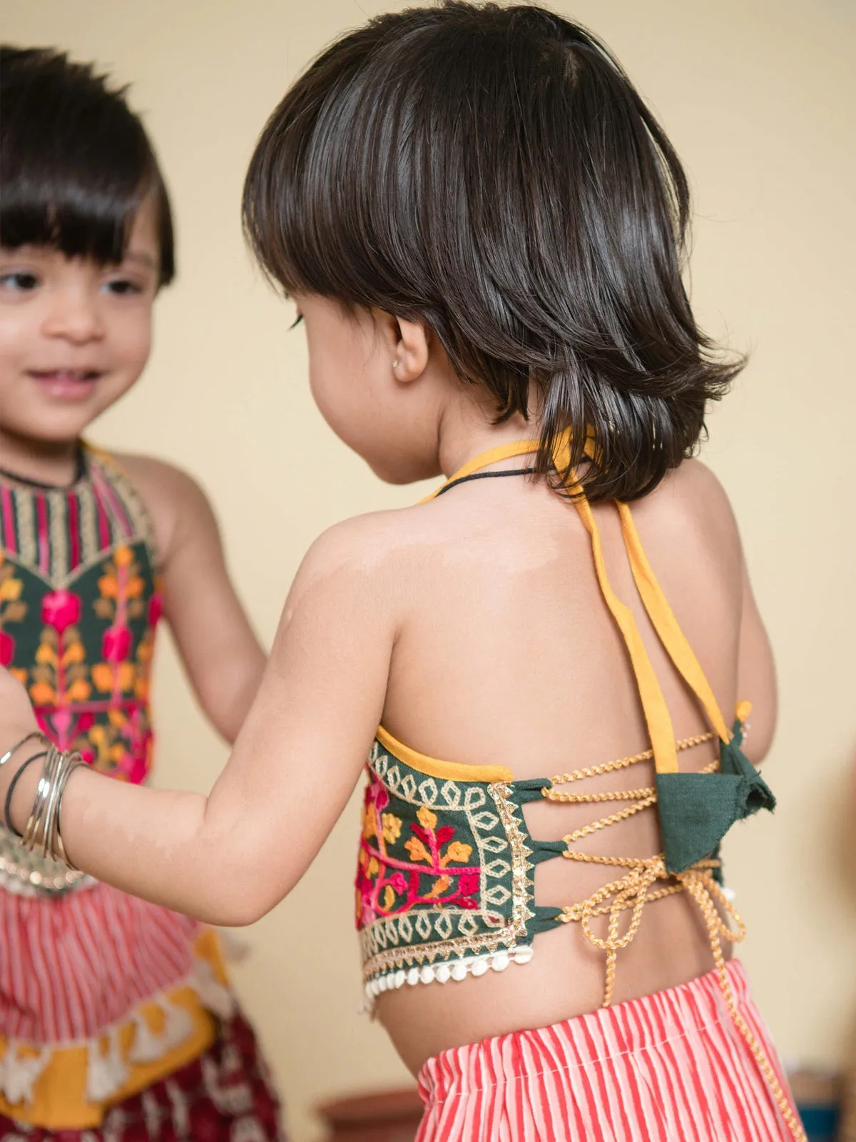 Rose Petals Striped Pleated Lehenga Choli for Girls