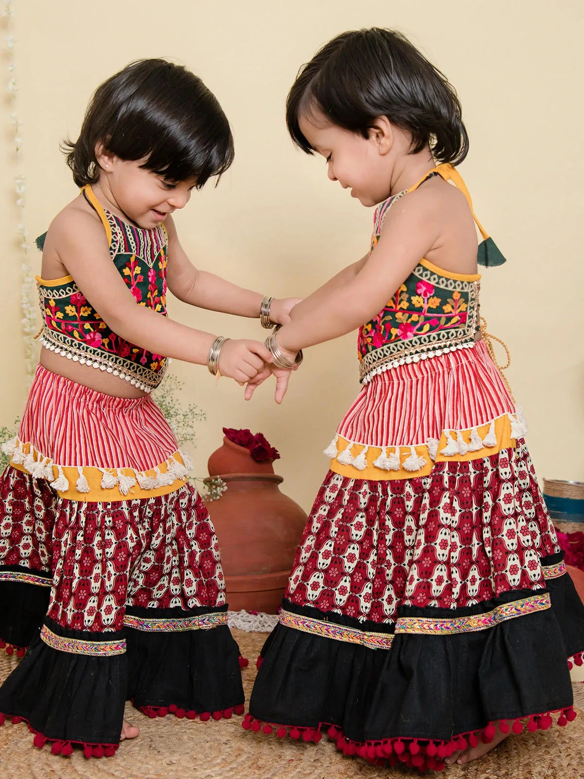Rose Petals Striped Pleated Lehenga Choli for Girls
