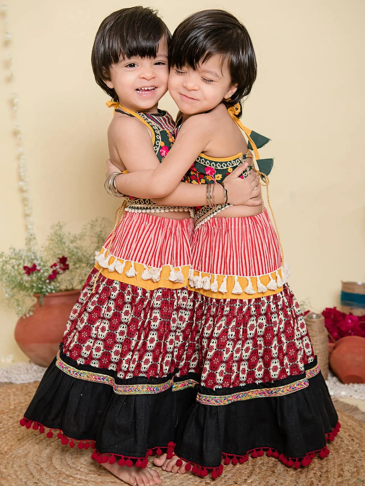 Rose Petals Striped Pleated Lehenga Choli for Girls