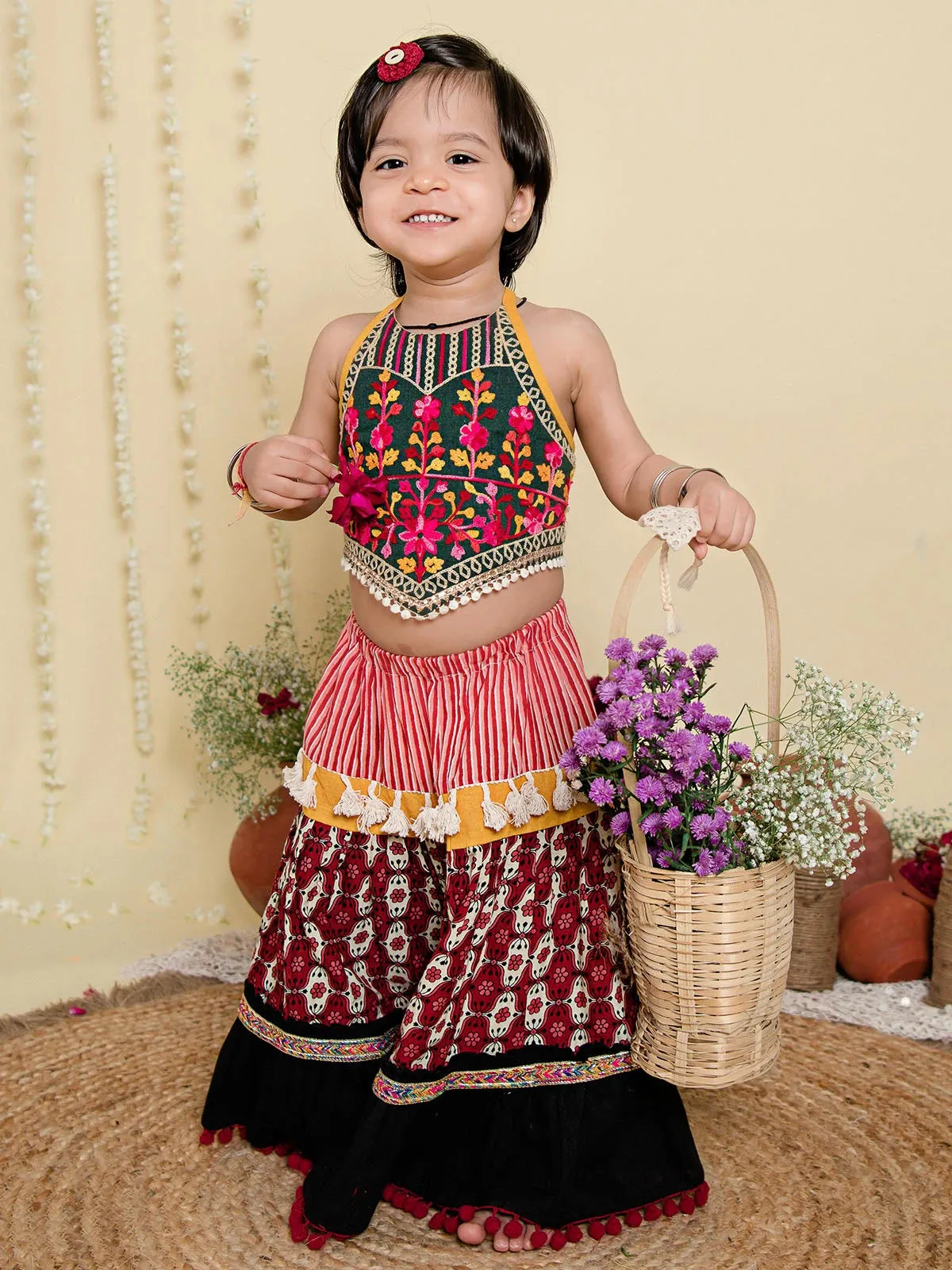 Rose Petals Striped Pleated Lehenga Choli for Girls