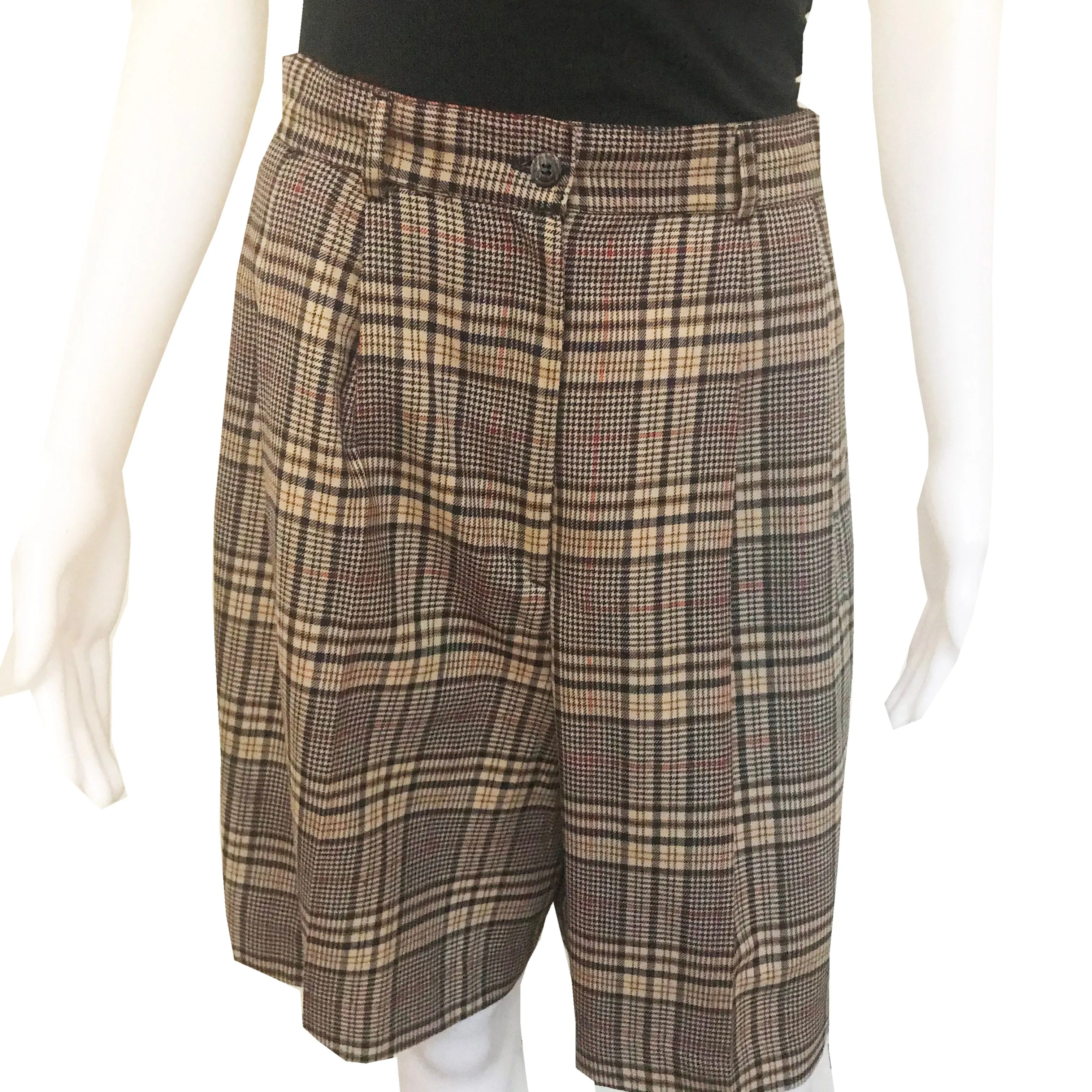 Vintage 1980s Plaid Pleated Wool Bermuda Shorts