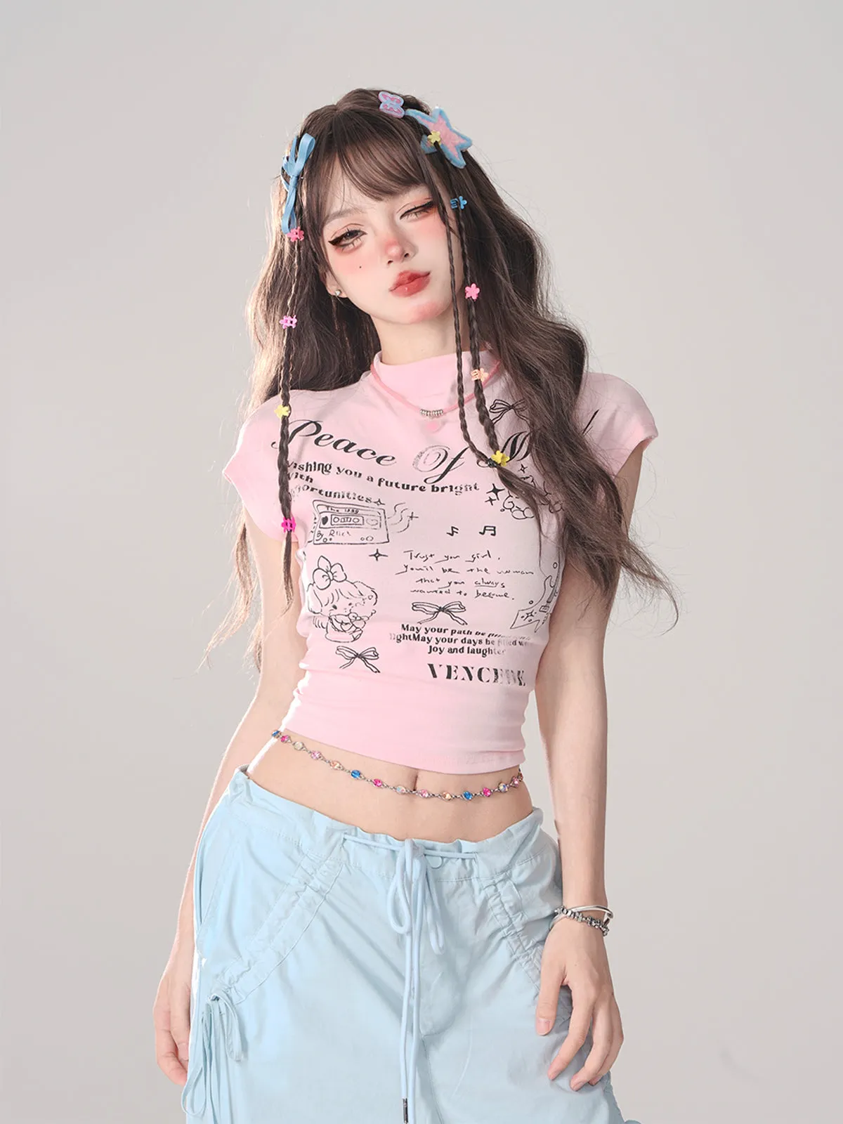 White Cropped Ribbon T-Shirt Backdropped Pink Pure