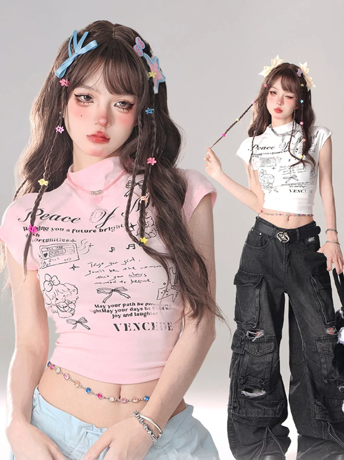White Cropped Ribbon T-Shirt Backdropped Pink Pure